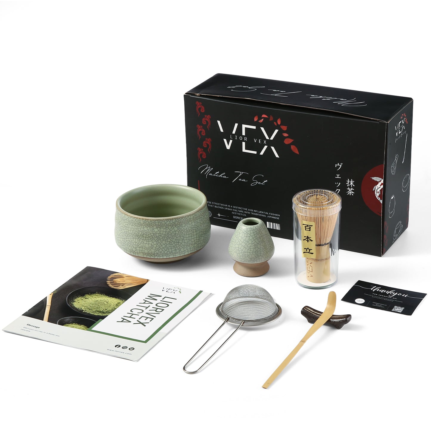 LiorVex Matcha Whisk Set – 8 Pcs Ceramic Matcha Tea Kit with Bamboo Whisk, Scoop, Spoon, Sifter & Matcha Bowl – Japanese Tea Ceremony Set