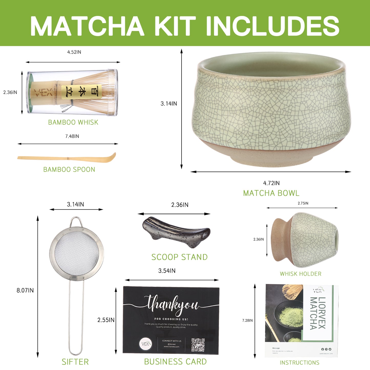 LiorVex Matcha Whisk Set – 8 Pcs Ceramic Matcha Tea Kit with Bamboo Whisk, Scoop, Spoon, Sifter & Matcha Bowl – Japanese Tea Ceremony Set