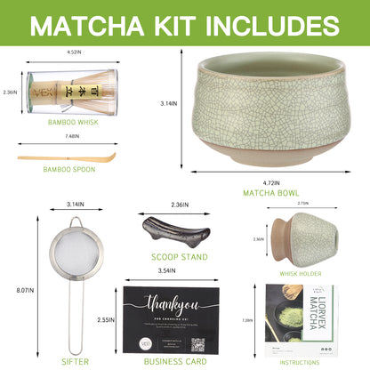 LiorVex Matcha Whisk Set – 8 Pcs Ceramic Matcha Tea Kit with Bamboo Whisk, Scoop, Spoon, Sifter & Matcha Bowl – Japanese Tea Ceremony Set