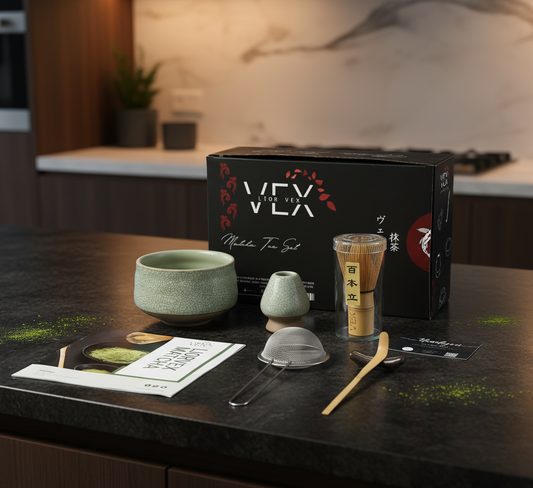 LiorVex Matcha Whisk Set – 8 Pcs Ceramic Matcha Tea Kit with Bamboo Whisk, Scoop, Spoon, Sifter & Matcha Bowl – Japanese Tea Ceremony Set